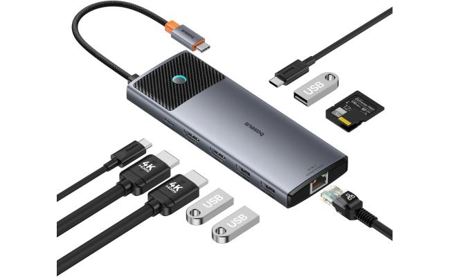 Baseus Hub 10in1 Metal Gleam II Series, USB-C to 1xHDMI, USB-A (10Gbps), USC-C, 2xUSB-A, Ethernet RJ45, SD/TF card, mini-jack 3,5mm, USB-C(PD) - Space Grey